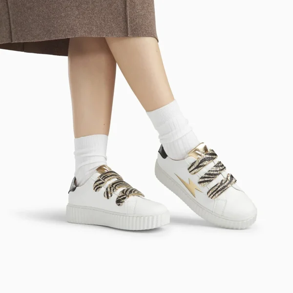Vanessa Wu Baskets éclair Dorianne blanc et or à scratchs zèbre< Baskets