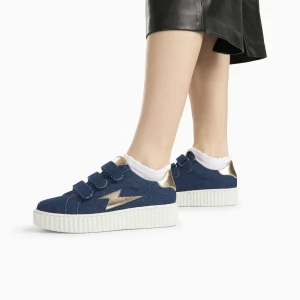 Vanessa Wu Baskets éclair Irène denim et or à scratchs< Baskets