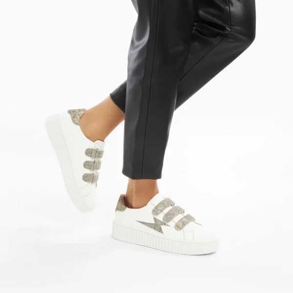 Vanessa Wu Baskets éclair Jane blanches en cuir à scratchs anthracite< Baskets
