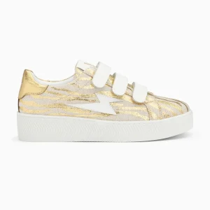 Vanessa Wu Baskets éclair Laurine beige et or zébré à scratchs< Baskets