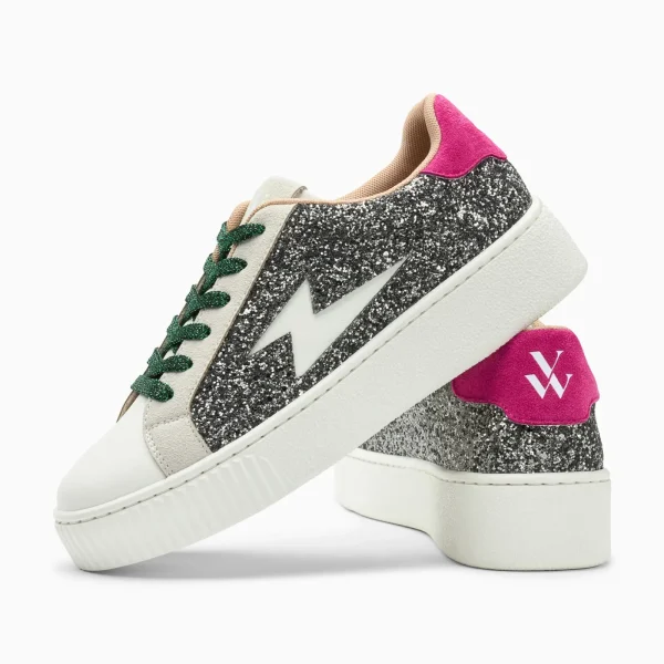 Vanessa Wu Baskets éclair Nancy à paillettes anthracite et lacets verts< Baskets