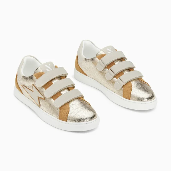 Vanessa Wu Baskets éclair Sadie or et beige à scratchs< Baskets