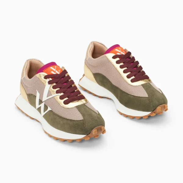 Vanessa Wu Baskets monogramme Faustine beige et kaki à semelle running< Baskets