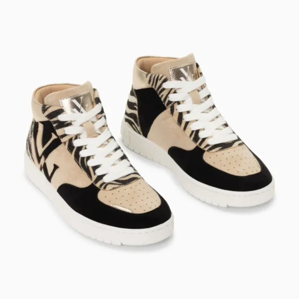 Vanessa Wu Baskets monogramme Judy montantes noir et beige à lacets< Baskets