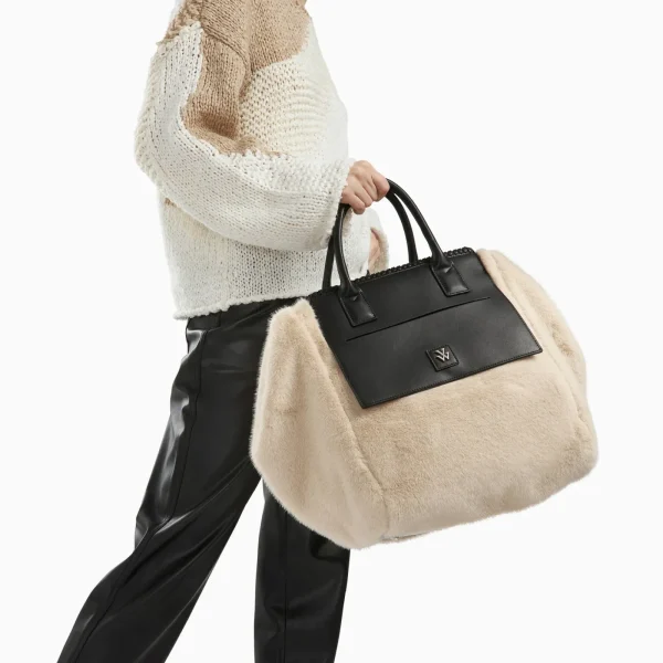 Vanessa Wu Cabas Christiane beige et noir en fausse fourrure< Sacs