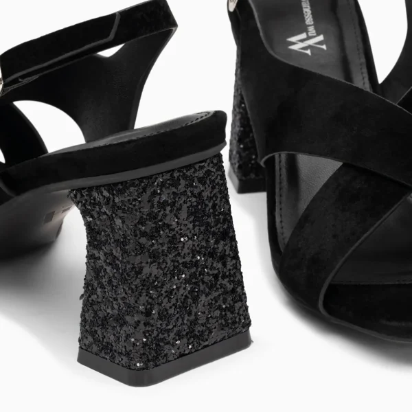 Vanessa Wu Sandales Milan noires à brides croisées et talon noir pailleté< Sandales À Talon, Compensées